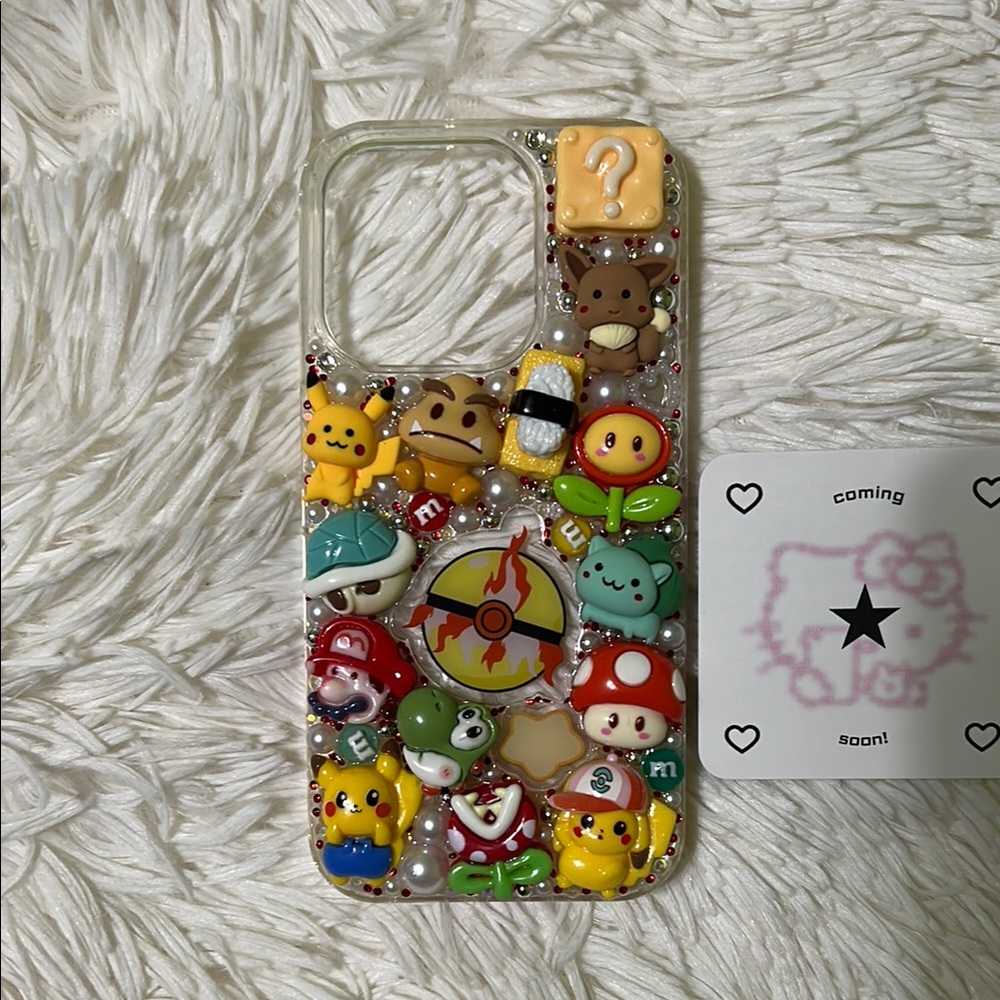 Handmade iPhone 15 Pro Junk Case Mario Pikachu Pokemon Kawaii Gyaru Y2K